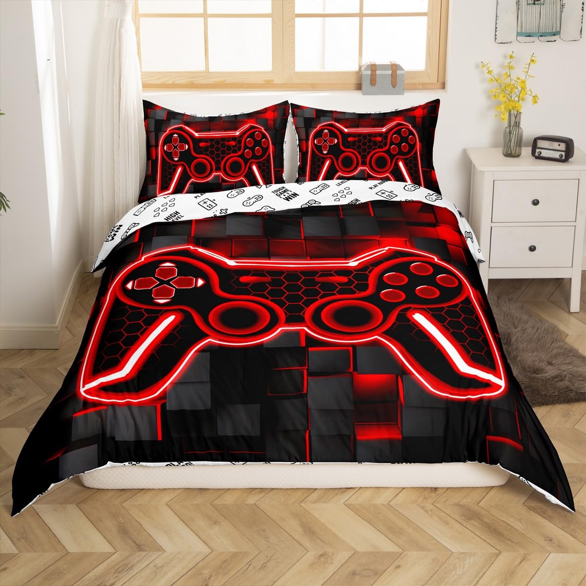 Kids Gamer Bedding Set King Size Red and Black Bedding Duvet Cover Set For Boys Teens Decor Gaming Ombre Comforter Cover Set Geometric Square Bedspread Cover 3Pcs - Image 2