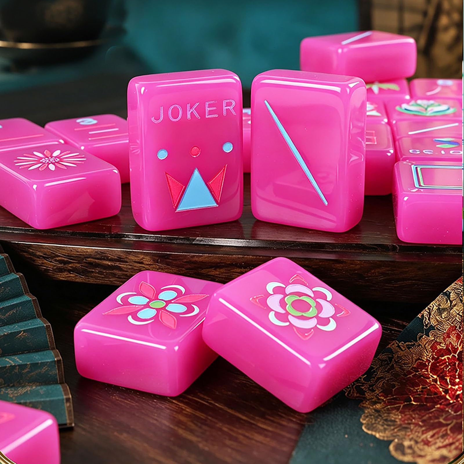 Set Mahjong americano in acrilico rosa gelatina, 160 tessere incise