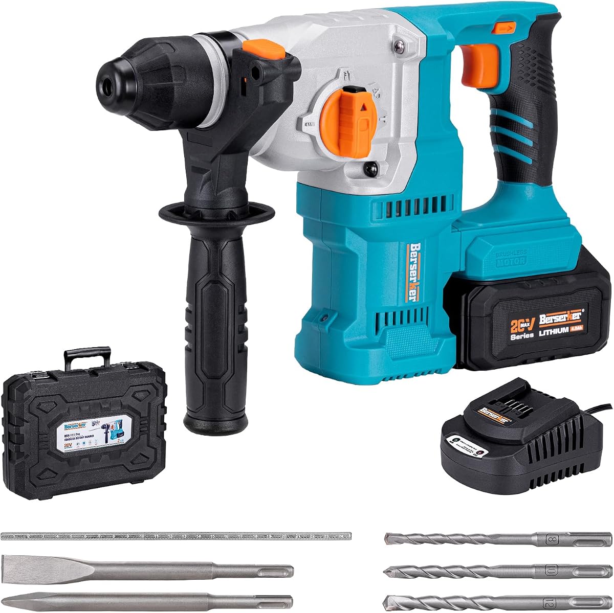 Berserker Taladro de Martillo Rotatorio Inalámbrico SDS-Plus de 1-1/8" para Concreto 111Pro | Batería de Iones de Litio de 20V 4.0Ah Alimentada con Cargador 3A, Motor Sin Escobillas de 4 Funciones Embrague de Seguridad de Velocidad Variable Rotomartillo