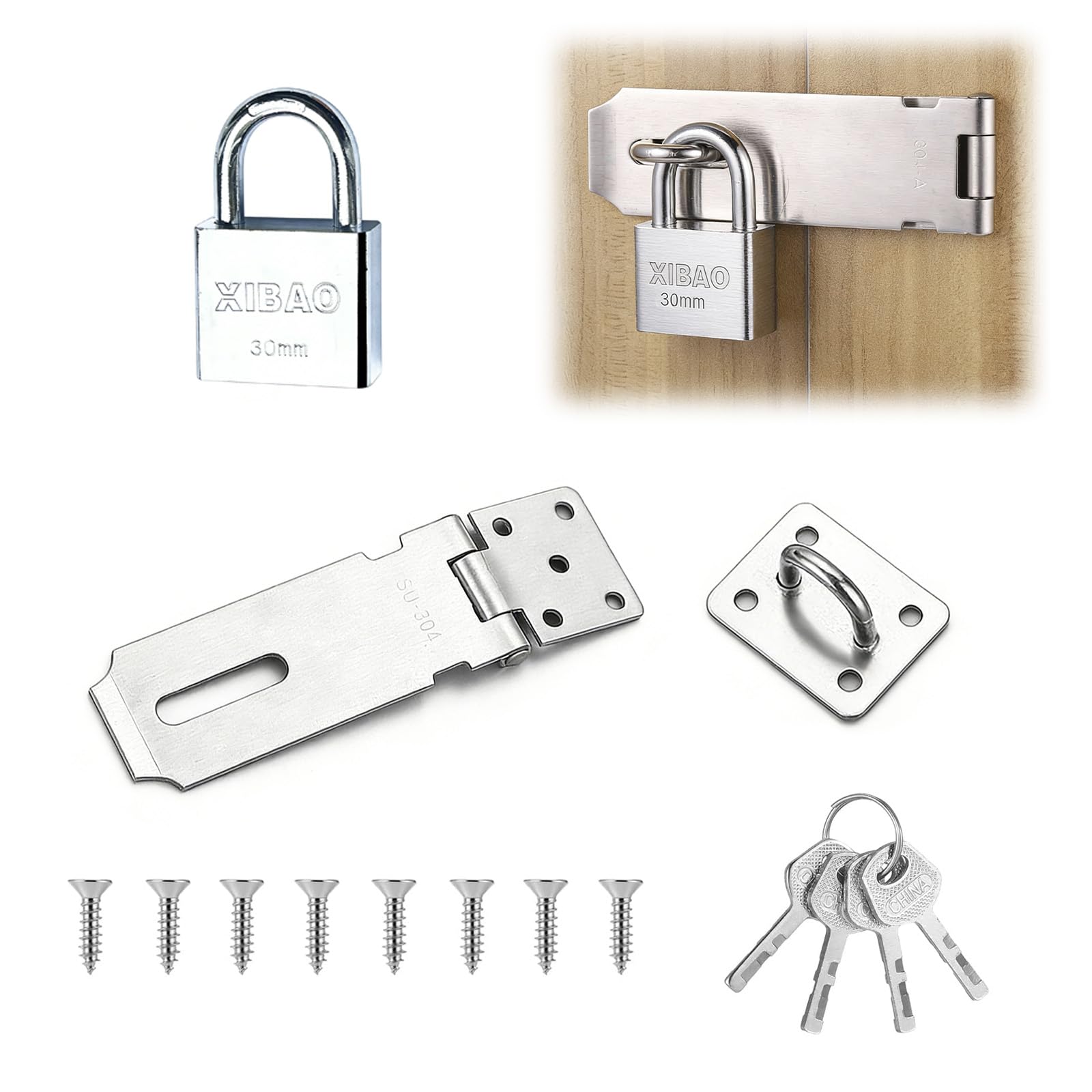 2 Pcs Door Hasp and Staple with Padlock, Stainless Steel Shed Lock, Door Locks with Keys and Screws for Shed Wooden Gate Storage Box (3in)