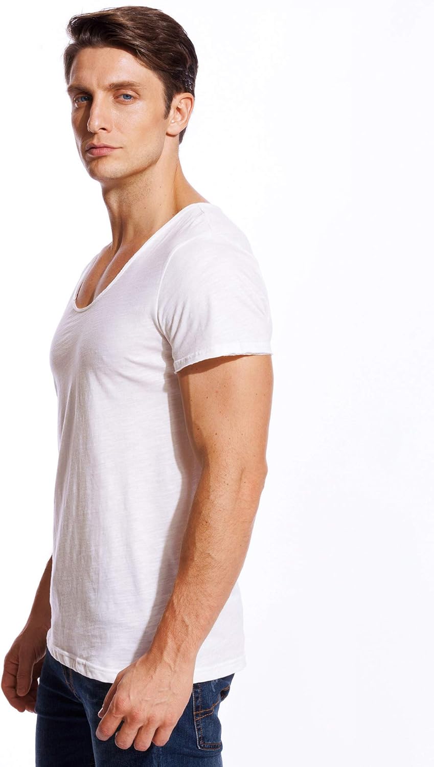 V Neck T Shirts Mens Scoop Neck Short Sleeve Slim Fit Basic Tee Casual Top - Image 3