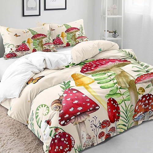 Miniatura 3 de LUVIVIHOME Juego de 3 piezas de ropa de cama de hongos rojos, funda de edredón beige matrimonial, ropa de cama para niños y niñas, ropa de cama