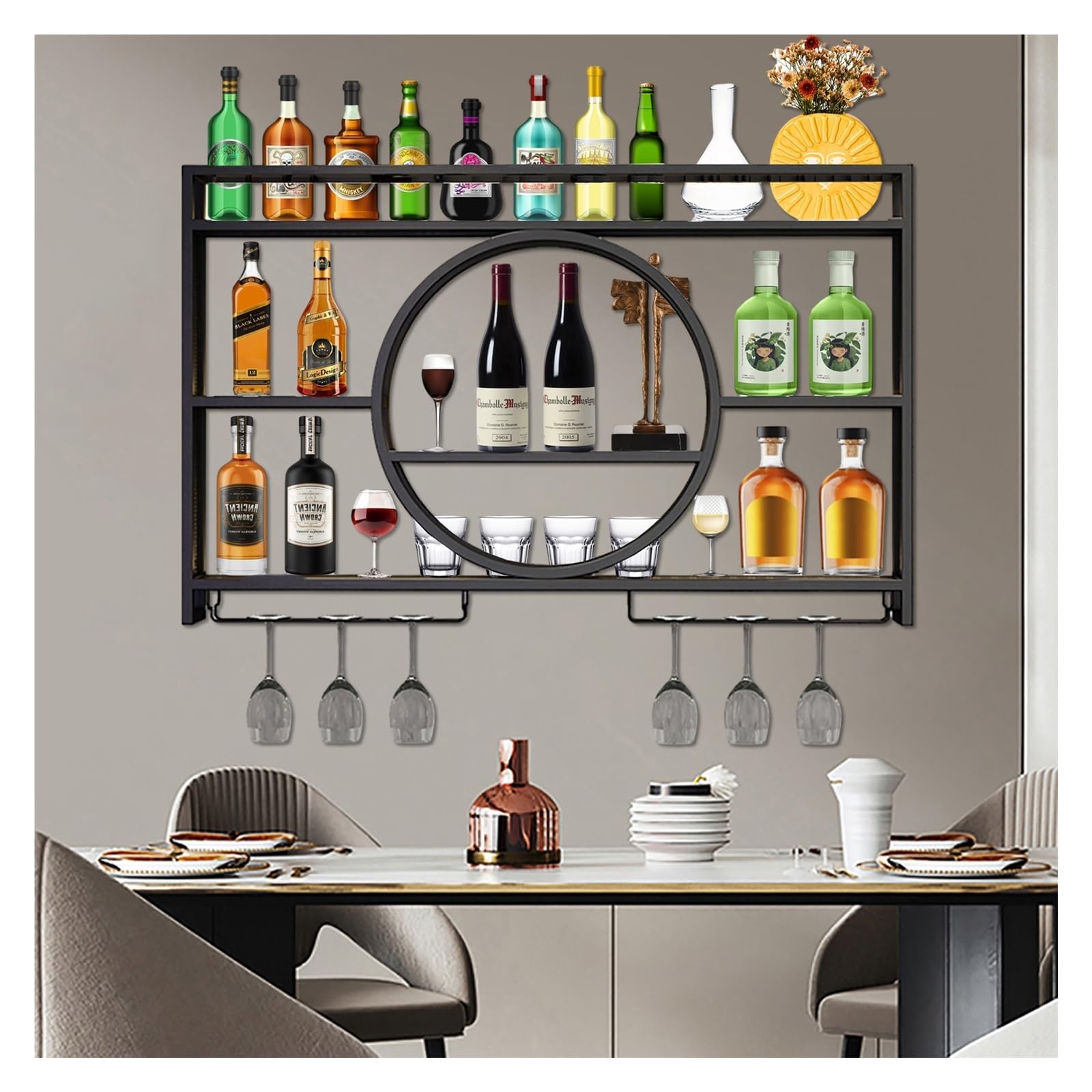 Casier à vin mural moderne étagère de bar suspendue métal bouteilles alcool noir