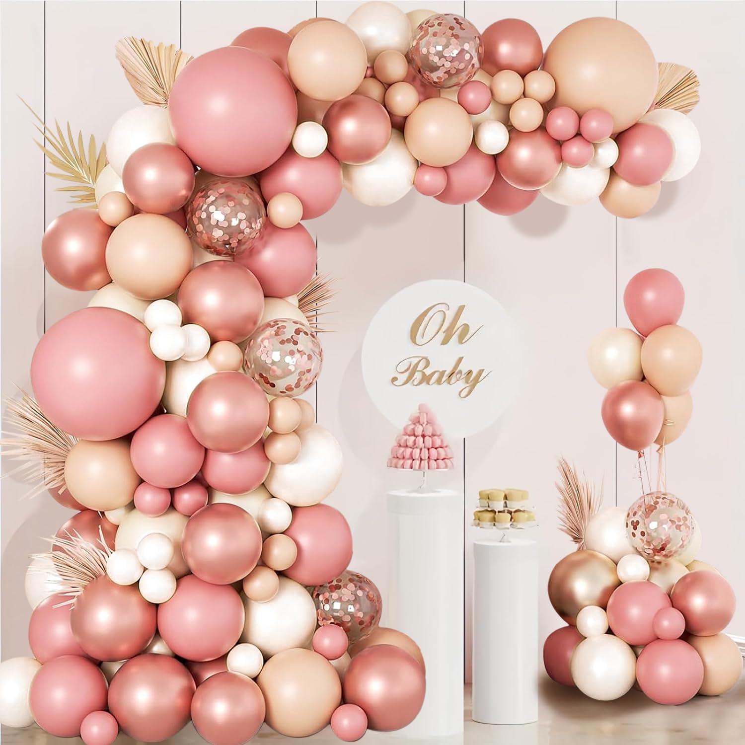 Balloon Garland Pink, 133 Pieces Retro Pink Beige White Balloon Garland, Balloons Pastel Pink Metallic Rose Gold for Boho Birthday Wedding Baby Party Decorations