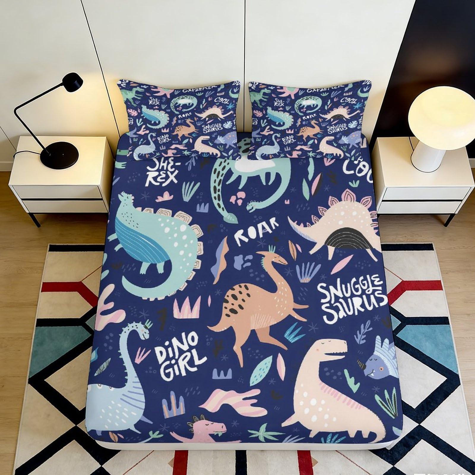 3D Printed Dinosaur Pattern Fitted Sheet Microfiber Soft Breathable Cartoon Dino Girl Mattress Cover for Bedroom Dormitory Guest Room Mattress Protection 180x200x25cm
