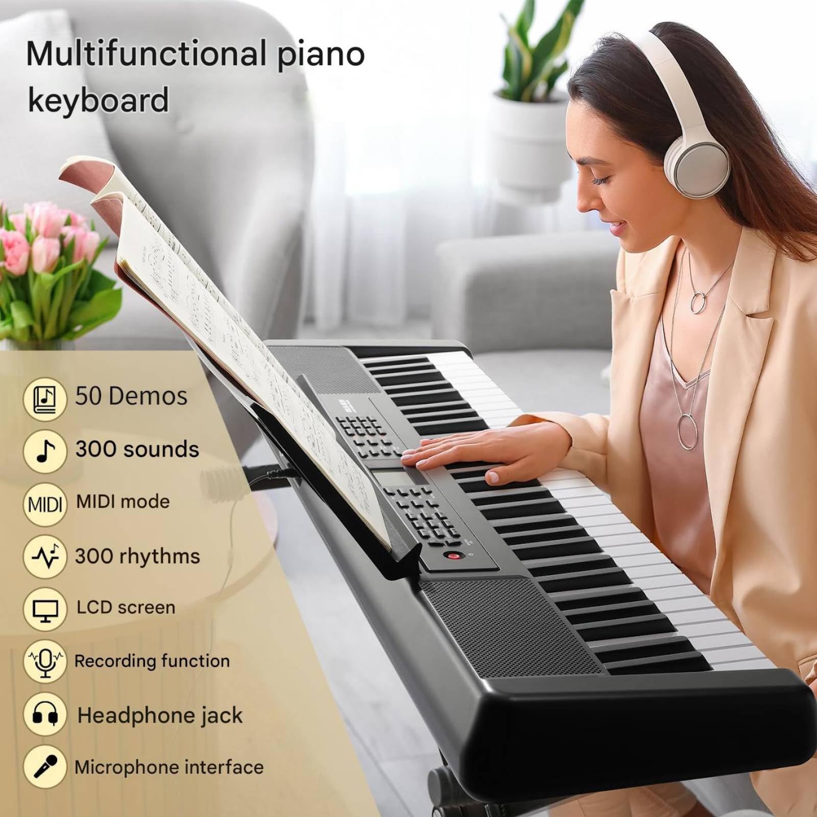 Pianoforte Digitale 61 Tasti Pesati, Tastiera Musicale per Principianti, Tastiera Pianoforte Leggero e Portatile, con 300 Suoni, Altoparlanti, USB MIDI, Schermo LCD, Metronomo, Presa per Cuffie