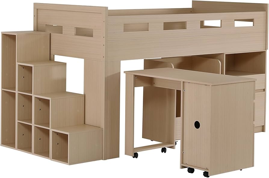 Amazon｜システムベッド デスク付き ロータイプ ロフトベッド 階段付き