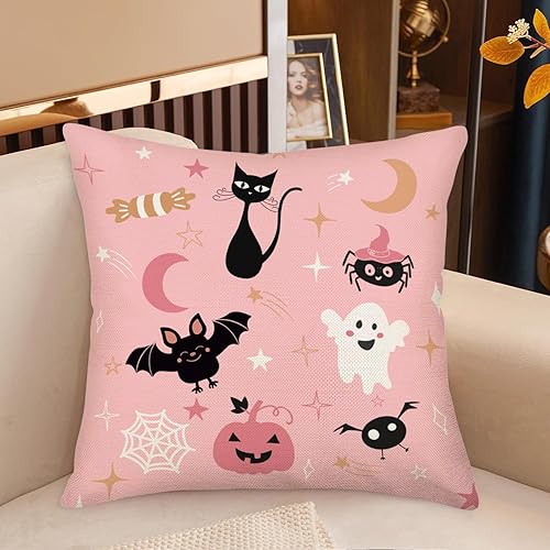 Miniatura 2 de Fundas de almohada rosas de Halloween de 18 x 18 pulgadas, funda de almohada de gato negro divertida decoración de estrellas de caramelo, luna,