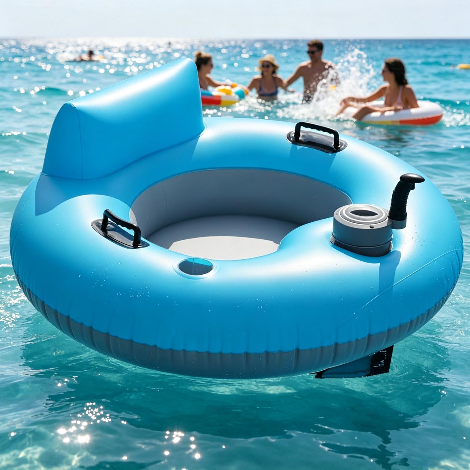 Pvxa 50w Electric Inflatable River Tube Float, Water Inflatable Floating Chair, Electric Inflatable Pool Lounger, with Cup Holder, for Pool Party, Lake & Summer Water
