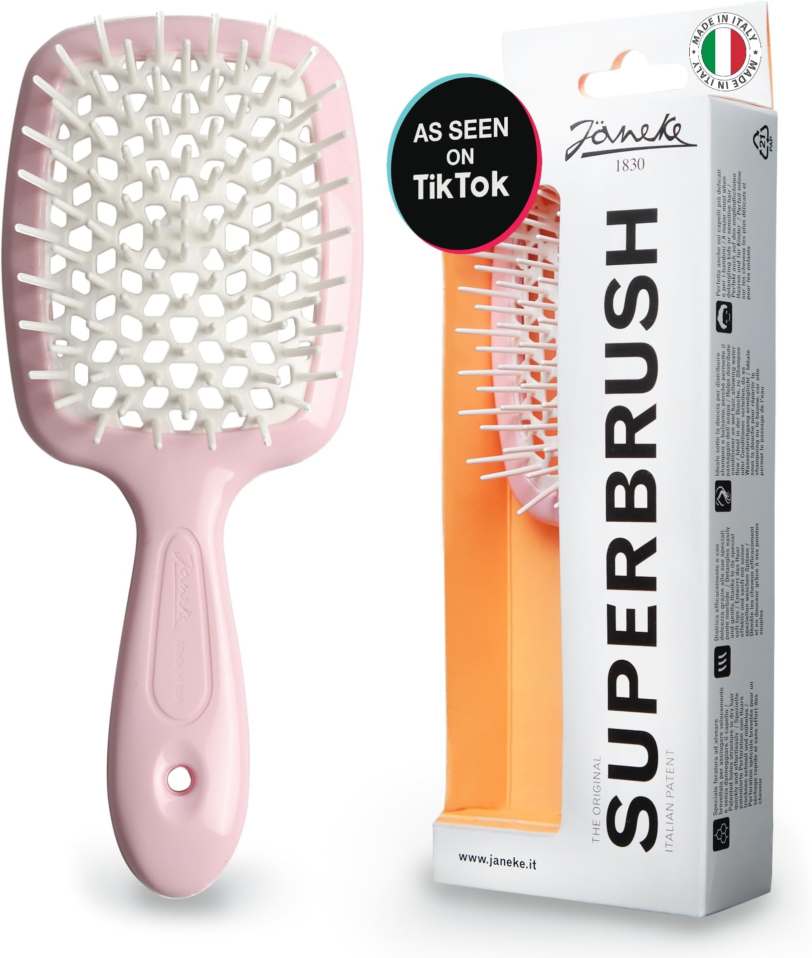 Janeke Superbrush Detangling Brush for Soft Smoothing Hair Brushing with Anti-Static Bristles - Vented Wet Hair Brush for Blow Drying Use - Perfect for Curly, Thick, Wavy, Fine Hair Types (Pink)
