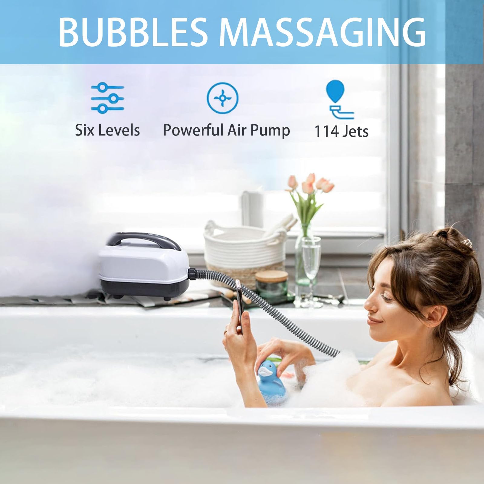 Tappetino da bagno antiscivolo con cuscino gonfiabile e telecomando, macchina per massaggio completo del corpo con funzione bolle e regolazione a 6 velocità per rilassarsi a casa