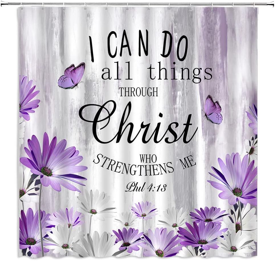 Rustic Farmhouse Inspirational Quotes Shower Curtain I Can Do All Things Blessing Phrase Purple Daisy Floral Butterfly Modern Fabric Decor Bathroom Curtain Set with Hooks
