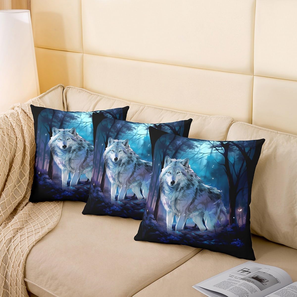Erosebridal Teenager Adult Boys Wolf Throw Pillow Cover 24x24 Inch,3D White Wolf Cushion Cover,Galaxy Pillow Cover,Jungle Safari Animal Decorative Square Pillow Case Sofa,Bedroom Decor