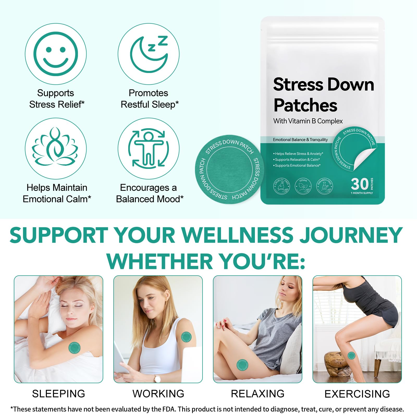 Stress Down Patches | 2 X 30 Patches Support Du Stress Et De L'Anxiété | Formule Botanique À Base De Plantes, Autocollants Calmants D'Humeur, Patch De Soulagement De L'Anxiété Pour Hommes Et Femmes