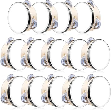 14 Pcs Wedding Tambourine for Adults 4 Inch Wood Metal Jingles Drum Hand Held Drum Instrument White Musical Educational Percussion for Church Party Games