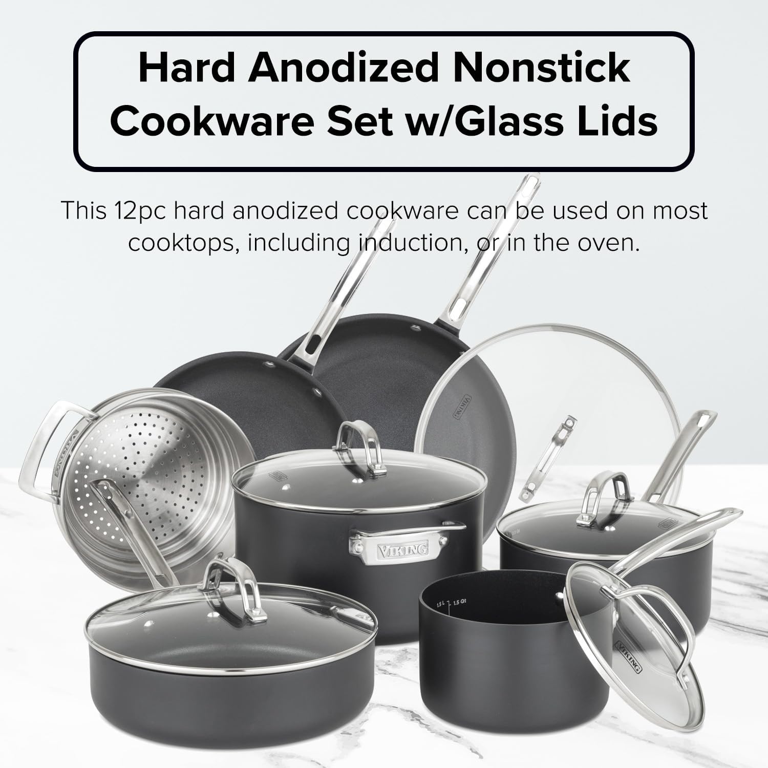 Viking 12-Piece Cookware Set with various pots, pans, and lids