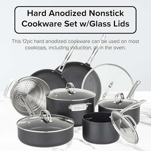 Miniatura 2 de Viking Juego de ollas y sartenes antiadherentes, juego de 12 piezas de utensilios de cocina con tapas de vidrio duras anodizadas, color negro
