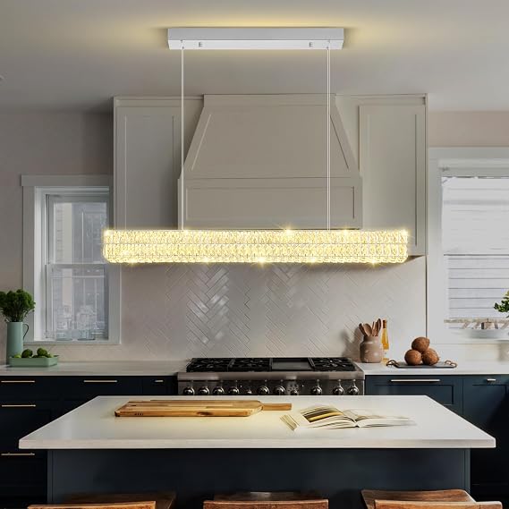 Dimmable Led Crystal Ring Chandelier for Dining Room, Modern Rectangle Crystal Pendant Lighting Kitchen Island,47.2in Linear Chandelier Hanging Light Over Table
