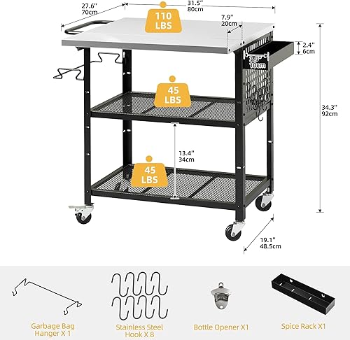 Miniatura 7 de DWVO Mesa para horno de pizza con mesa de acero inoxidable, 31.5 pulgadas de largo x 27.6 pulgadas de ancho, mesa de parrilla movible con estante