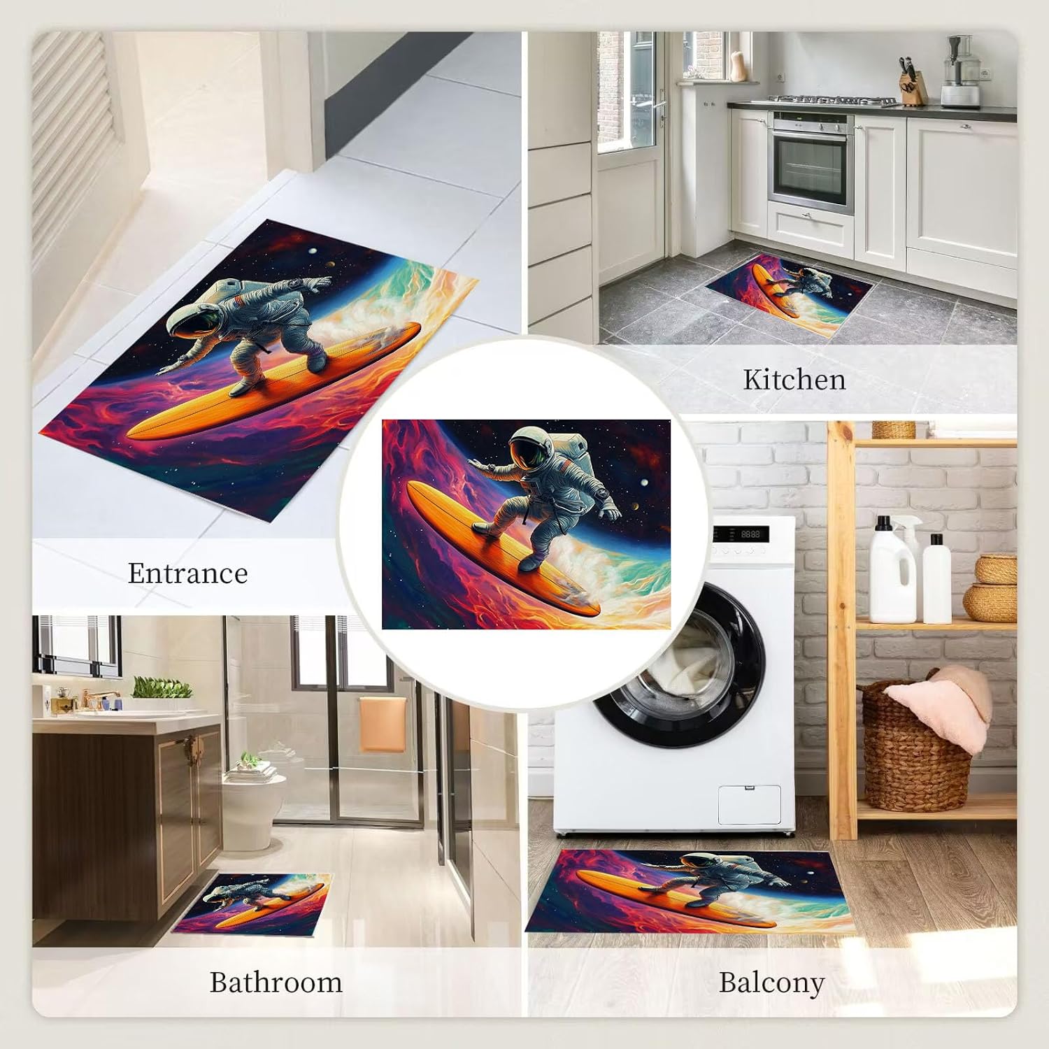 3X6 Washable Area Rug, Astronaut Surfing Low Pile Medium Living Room Rug with Non-Slip Backing Durable Edge Binding, Fantasy Space Soft Bedroom Rugs for Dining Room, Red and Black