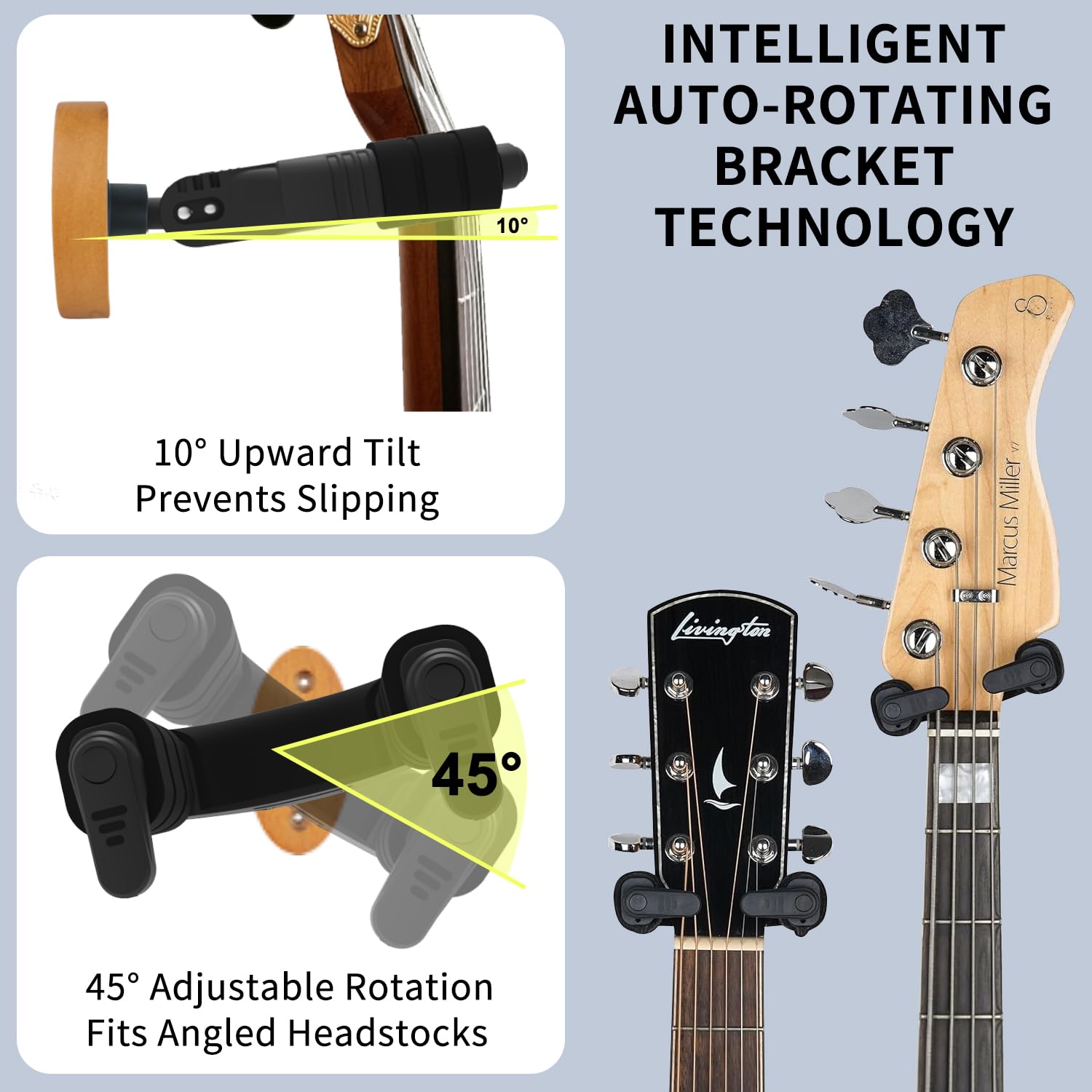 AH85 Professionnel Support Mural pour Guitare avec Verrouillage Automatique et Design Pivotant pour Guitare Classique, Guitare Électrique, Guitare Acoustique et Basse etc,Bois Massif
