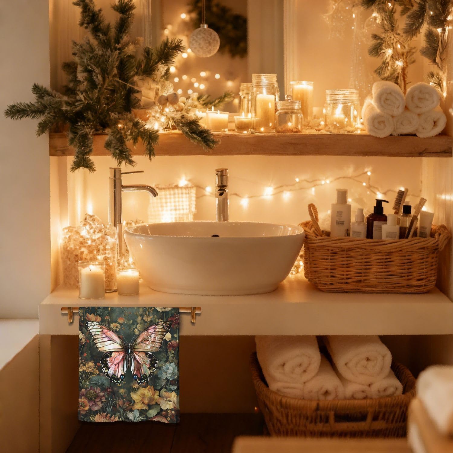 Vintage Dark Floral Pink Butterfly Kitchen Dish Towels, Butterfly Lover Gifts, Dark Academia Cottagecore Botanical Flower Insect Decorative Hand Tea Towels for Bathroom Kitchen, 16x24 Inches - Image 3