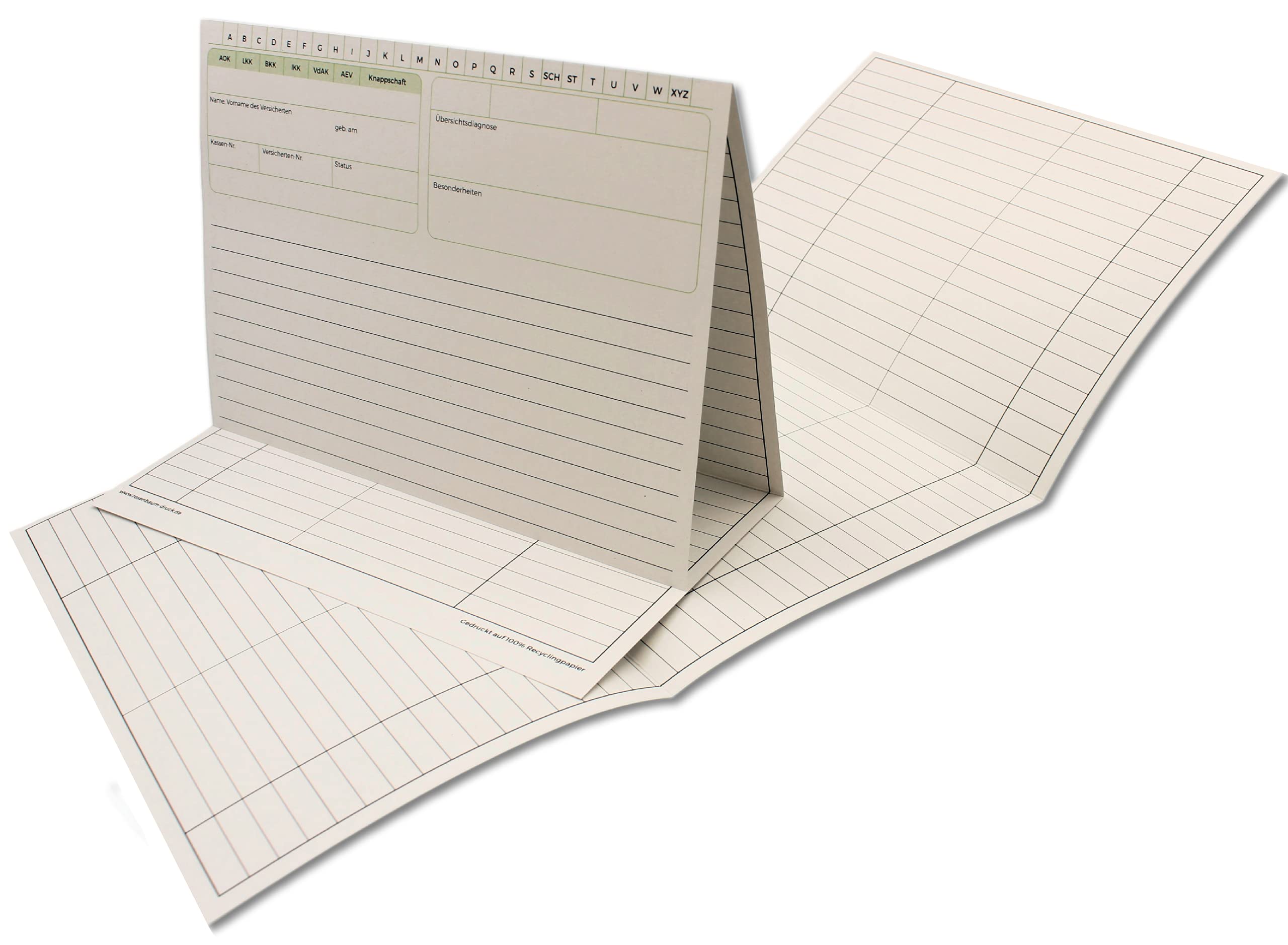100 cartoncini per pazienti, sostenibili, per medico, pratica, fisioterapia, DIN A5+, riciclati da 190 g/m², colore: bianco, in pratica scatola