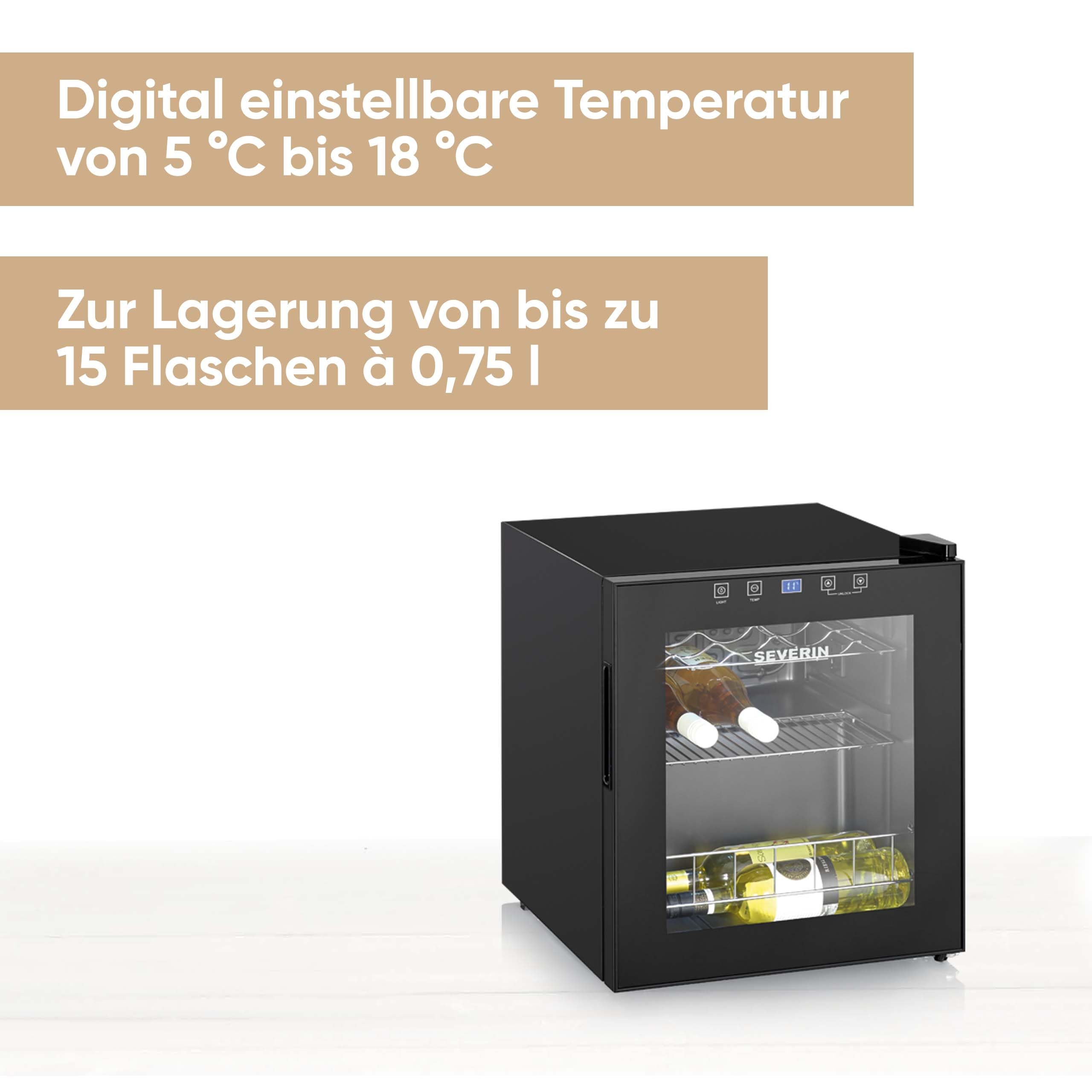 Severin WKS 8907 Wein-Kühlschrank, 46 L, 5-18°C, 15 Flaschen, 43 dB, LED & Touch-Display, EEK F, schwarz