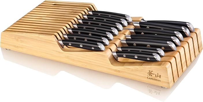 Cangshan ALPS Series 502810 German Steel Forged 15-Piece In-Drawer Knife Set with Bamboo Tray, Black