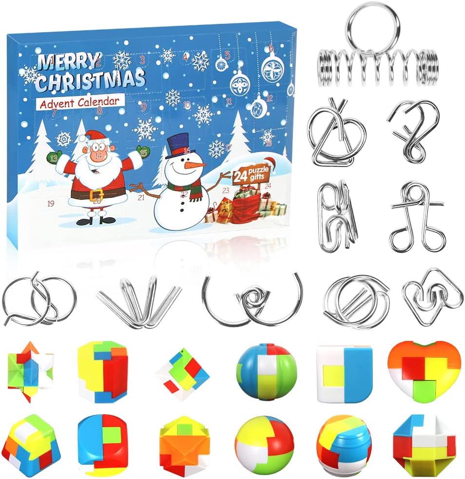 Calendrier De L'Avent Puzzle 2024 - 24 énigmes (12 Métal, 12 Plastique) - Pour Enfants Et Adultes - Cadeau De Noël éducatif Et Amusant
