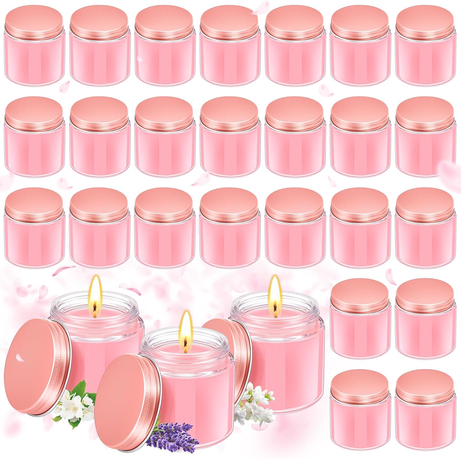 24 Pcs Mini Mason Jar Candles Bulk 4 oz Scented Wax Candles Gift Small Soy Scented with Lid Decoration for Wedding Birthday Baby Shower, Freesia, Jasmine, Lavender(Pink)