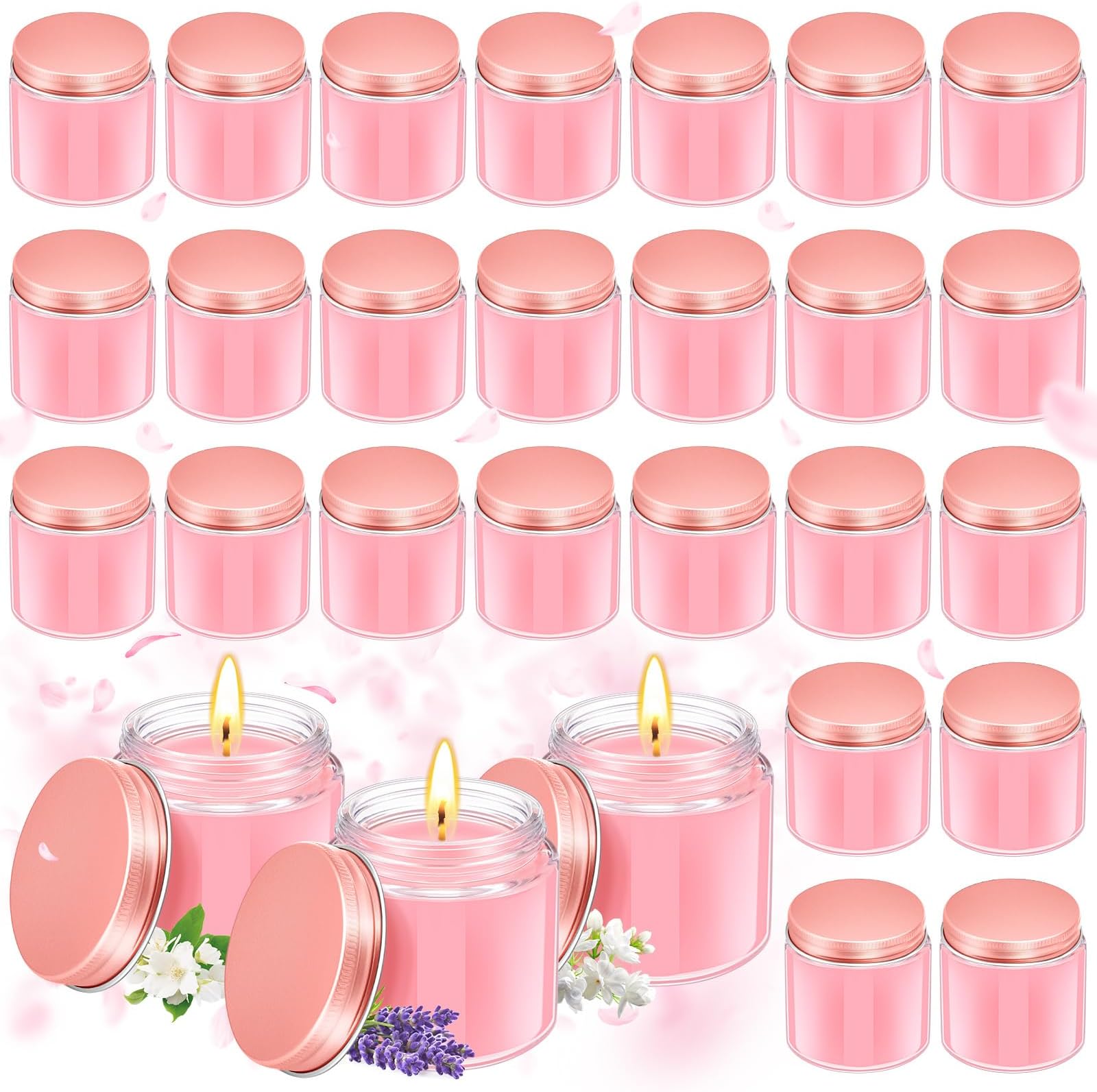 24 Pcs Mini Mason Jar Candles Bulk 4 oz Scented Wax Candles Gift Small Soy Scented with Lid Decoration for Wedding Birthday Baby Shower, Freesia, Jasmine, Lavender(Pink)