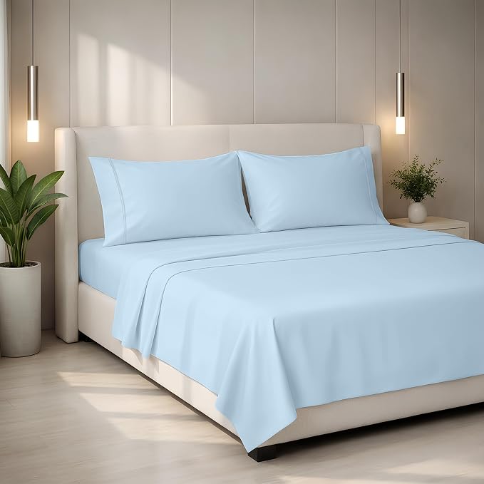 Mayfair Linen 100% Egyptian Cotton King Sheets Set - 2000 Series Luxury Sheets King Size Bed Set, Soft & Cooling, Sateen Weave 17" Extra Deep Pocket Hotel Collection Sheet (4 Pc, Light Blue)