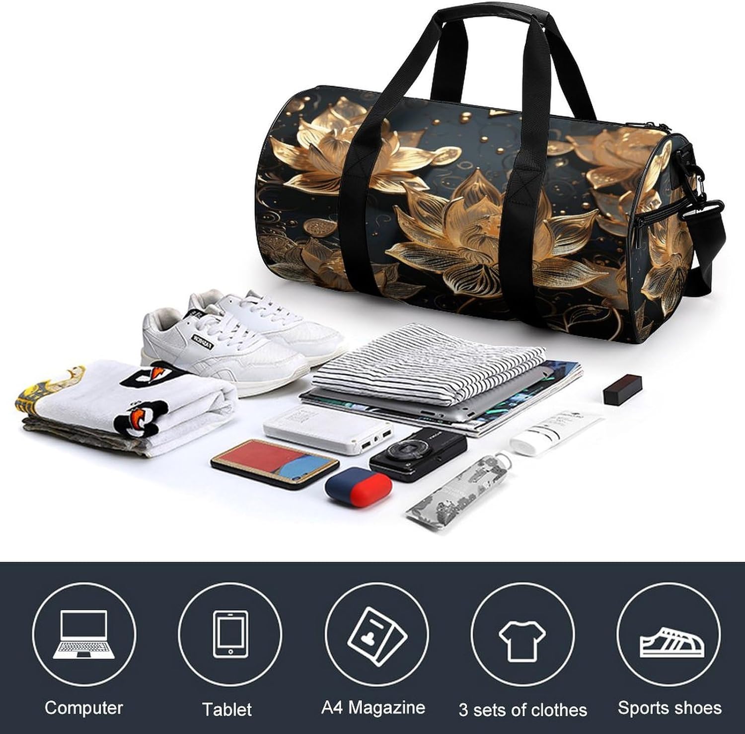 Aesthetic Sports Bag for Women Boho Gold Flowers Printed Duffle Travel Bag for Men Women Mini Workout Bags Cylindrical Gym Bag
