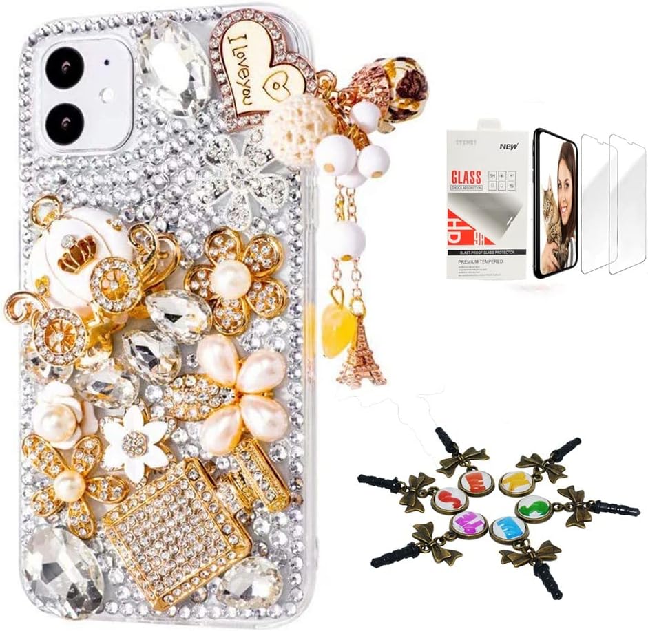 STENES Sparkle Case Compatible with iPhone 17 Pro Max - Stylish - 3D Handmade Bling Heart Peadant Pumpkin Car Bottle Flowers Crystal Glitter Cover with Screen Protector [2 Pack] - White