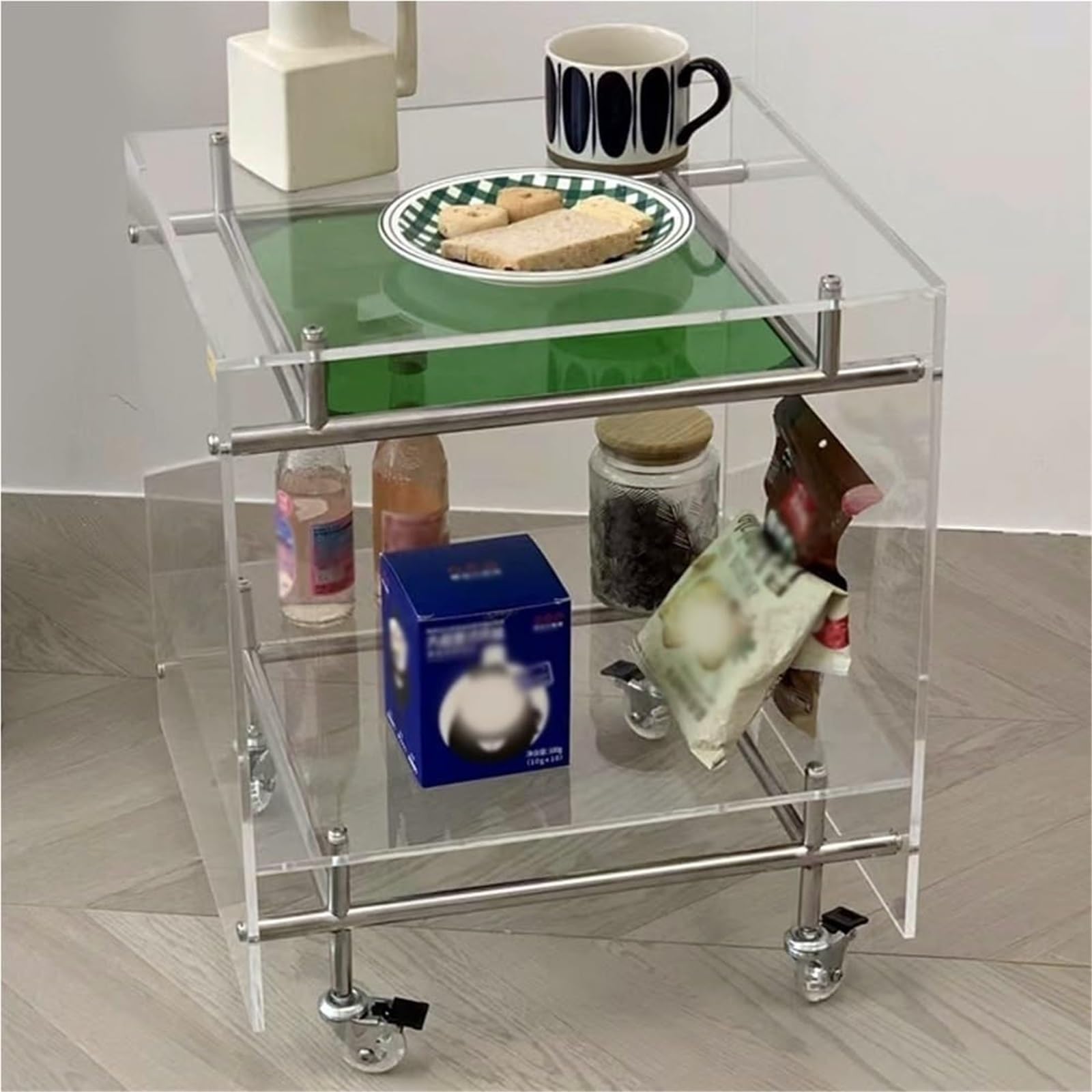 SXZenSpace 2 Tier Clear Side Table with Wheels Movable Small Coffee Tables Acrylic End Nightstand for Home Living Room Solid Construction(Green)