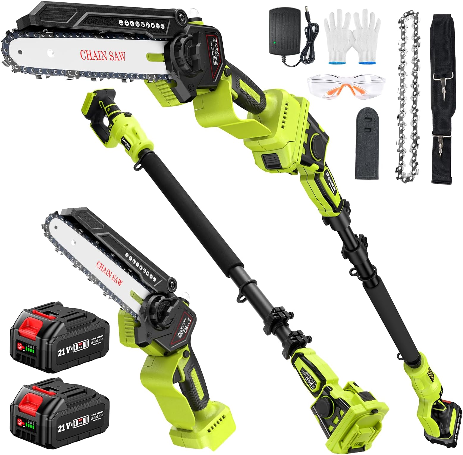 Supstable 2-in-1 Cordless Pole Saw, Mini Chainsaw & Cordless Pole Chainsaw 6 Inch with 2 * 4.0Ah Battery, Retractable Extension Rod Up to 15 Feet for Tree Trimming