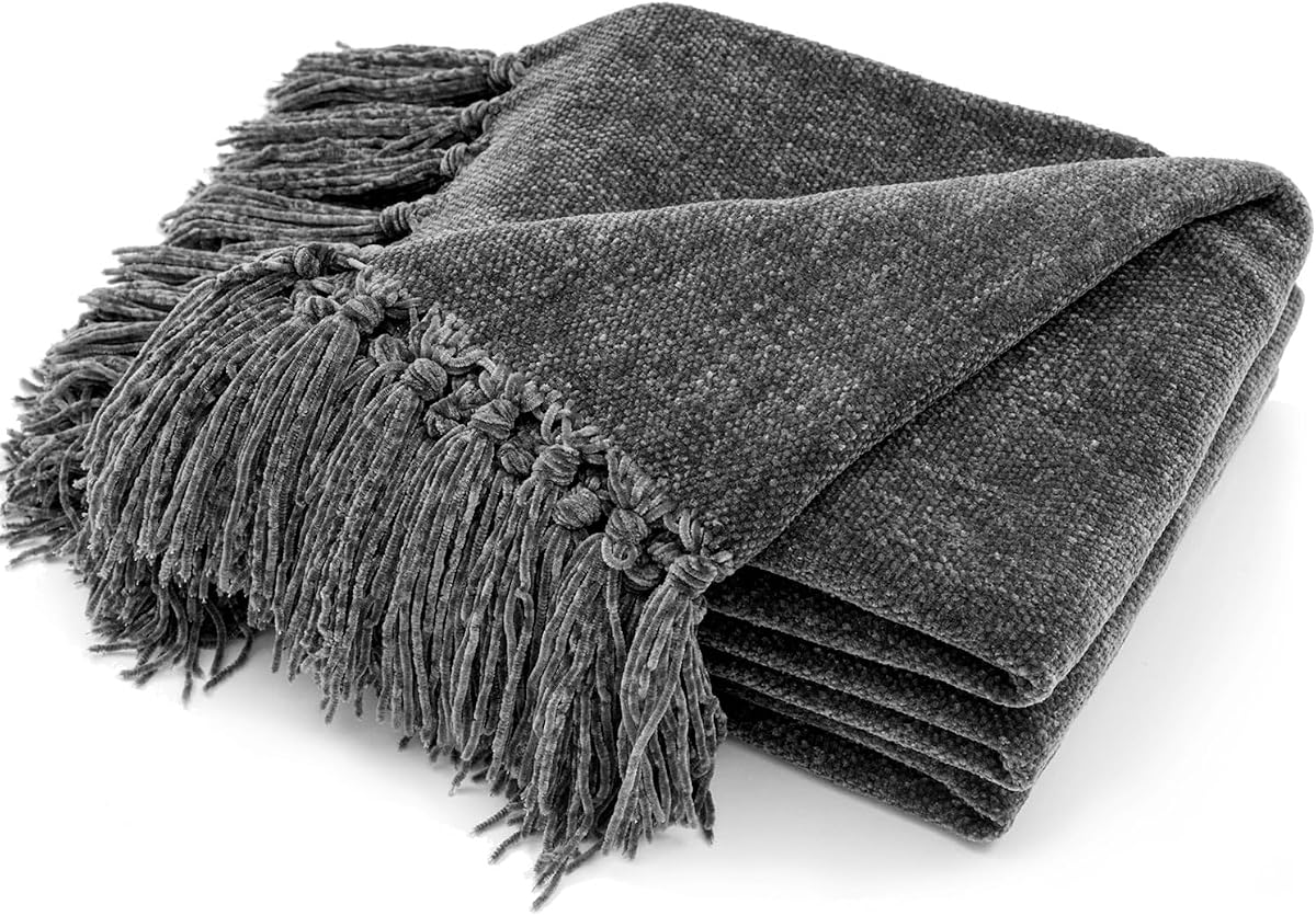 Chenille Throw Blanket for Couch, 50"x60", Dark Gray | Super Soft Knit Throw Blanket with Fringe Tassels, Lightweight Knitted Throw, Cozy, Ideal for Sofa Chair Bed Living Room Gift