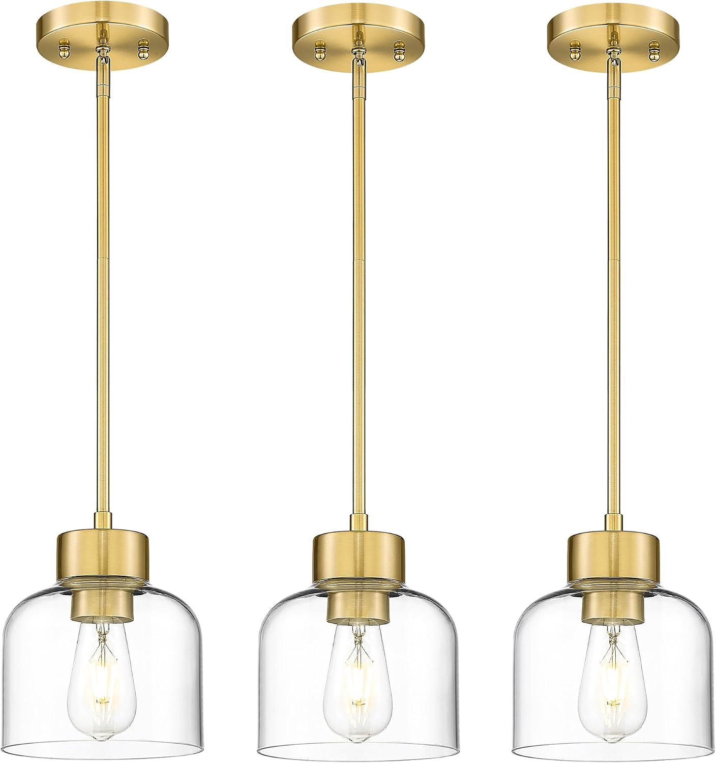 3-Pack Pendant Lights Kitchen Island, 7" Brushed Gold Hanging Lights Fixtures with Clear Glass Shade, Modern Brass Kitchen Pendant Lighting Over Island for Dining Room, AD-24024