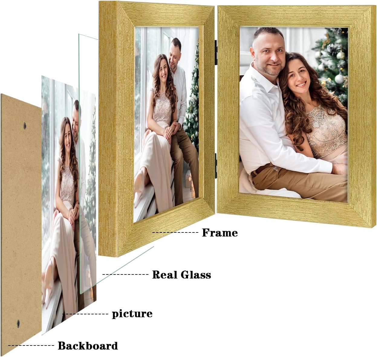 Frametory, 5x7 Double Hinged Picture Frame with Glass Front, Engineered Wood Two Photo Frame Collage for Vertical Display, Side by Side Standing Frame (Gold, 2 Pack)