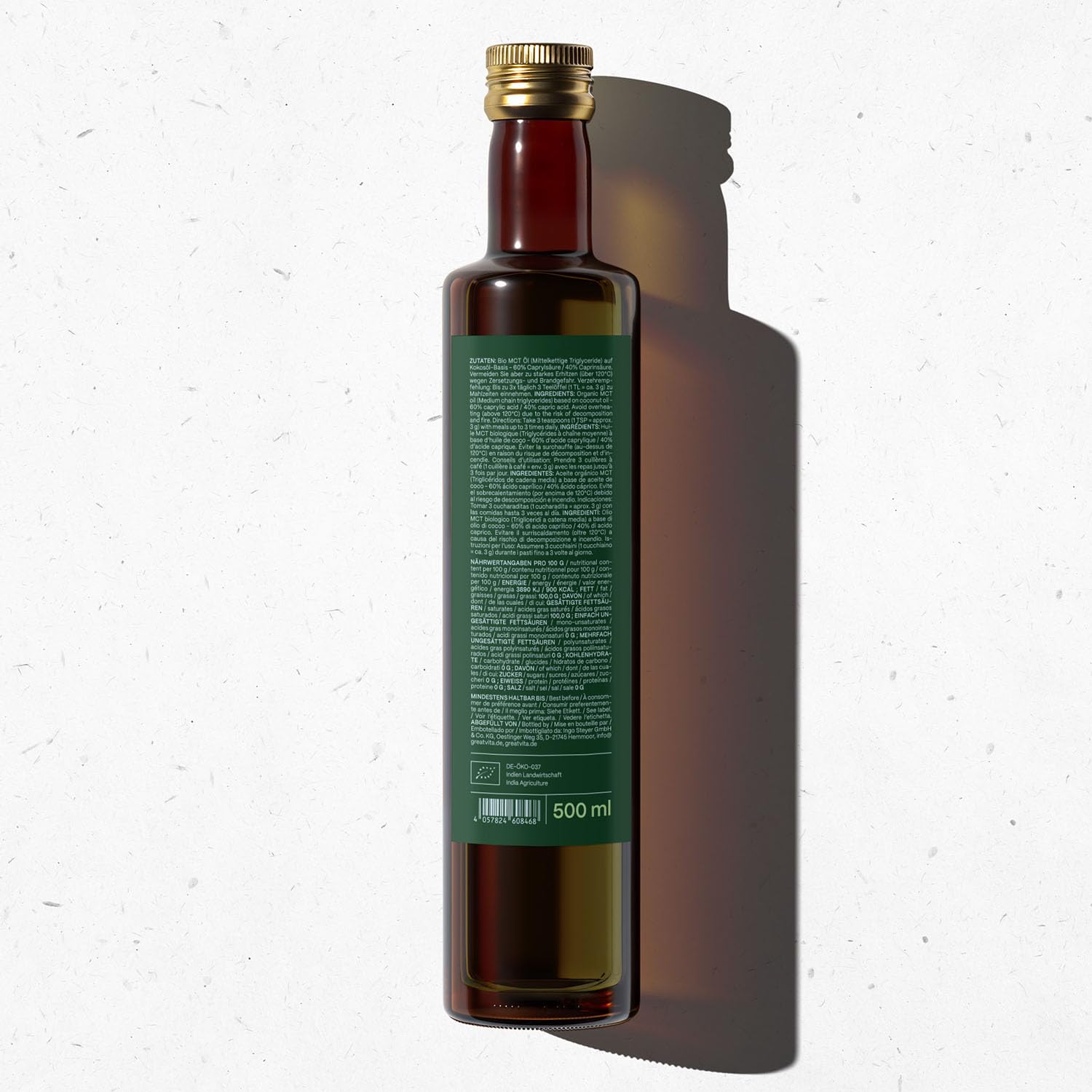 GreatVita Bio MCT Huile à base d'huile de coco - 2 x 500 ml - 60% d'acide caprylique (C8) et 40% d'acides gras (C10) - 100% pure MCT Oil neutre au goût - Sans sucre, sans OGM