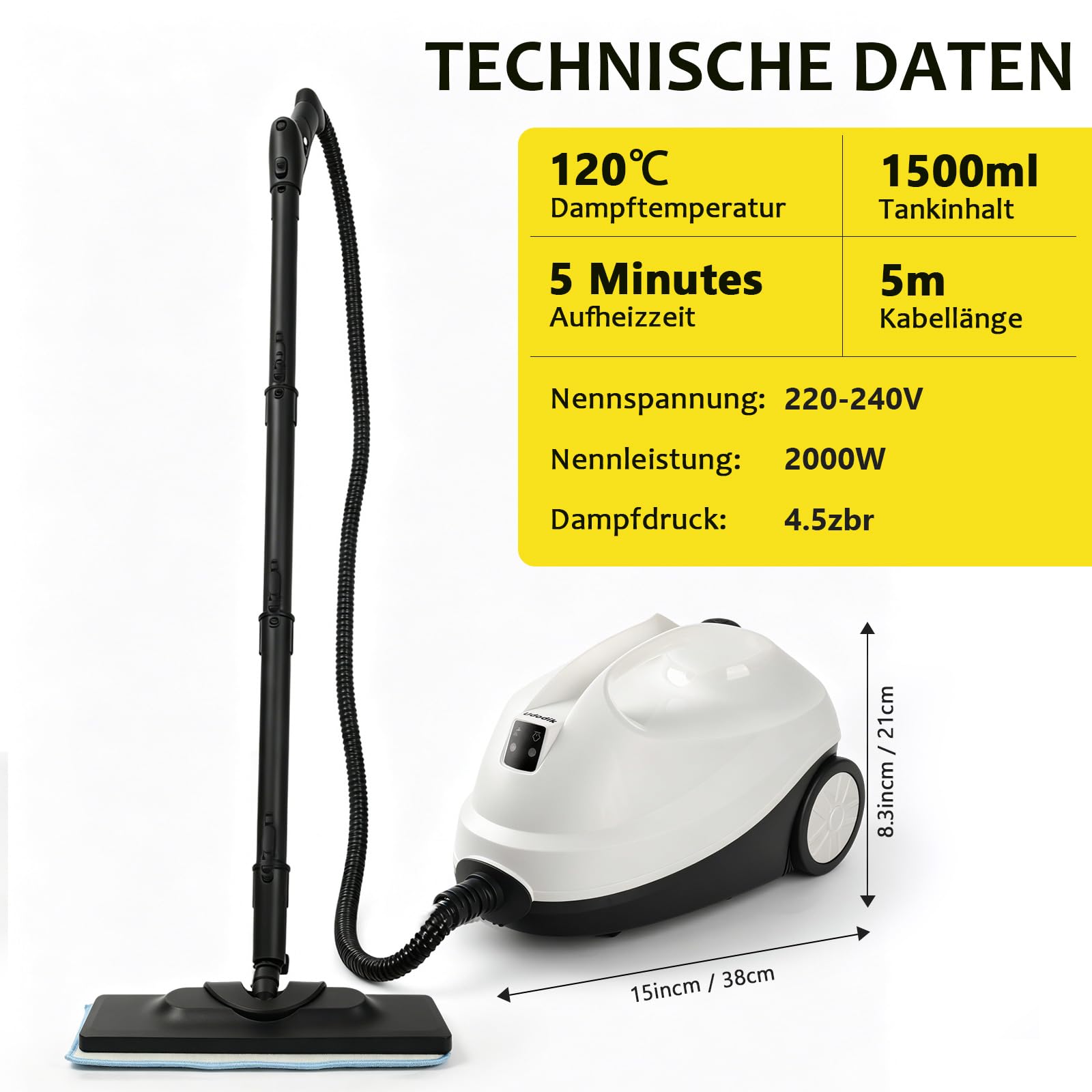 Dampfreiniger, tragbarer Dampfreiniger für den Haushalt, 120 °C Hochtemperaturdampf mit 20 Zubehörteilen, ideal für Böden, Sofas, Fenster, Möbel und Küche