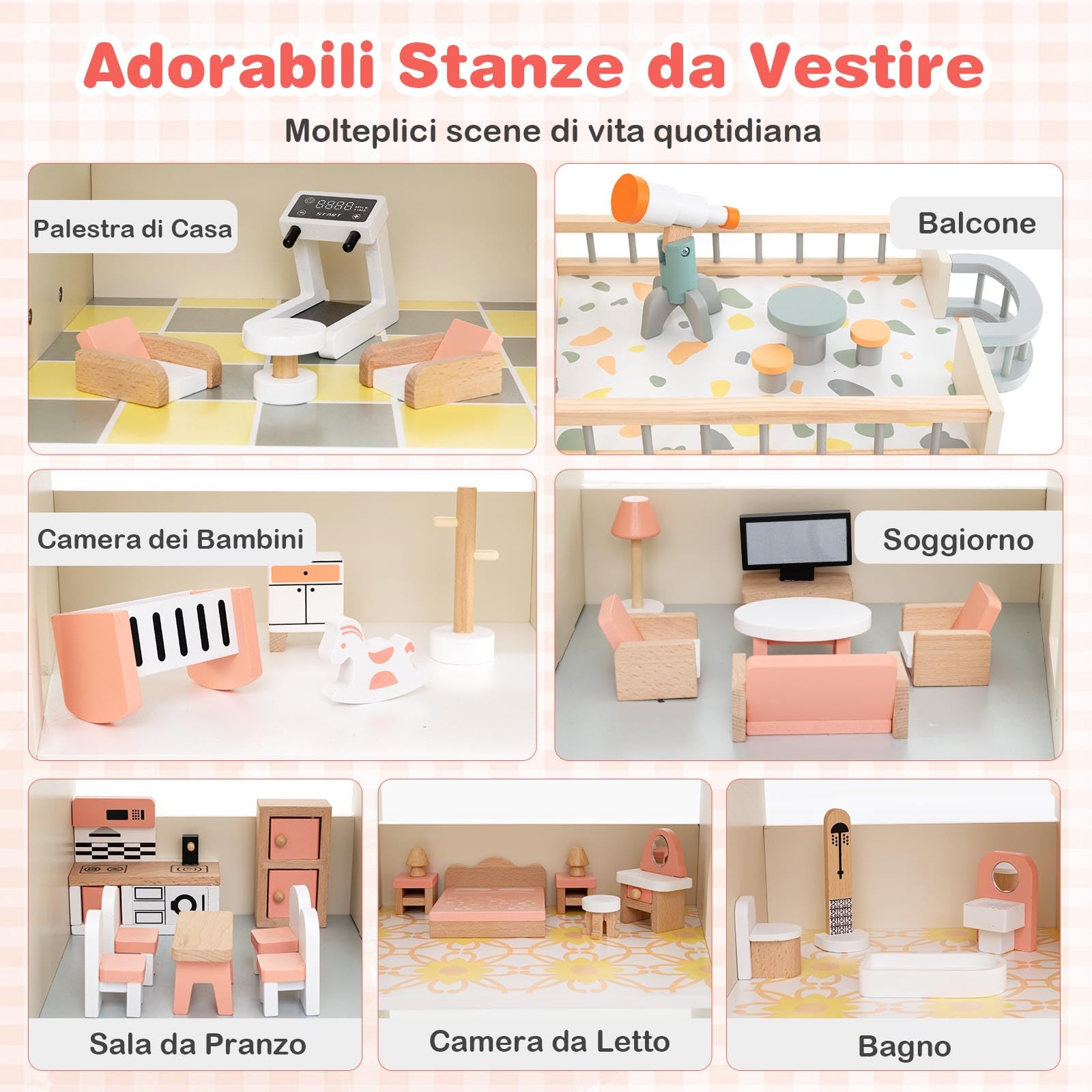 RELAX4LIFE Casa delle Bambole Alto 95 cm, Villa di Lusso in Legno, 41 Mobili e Accessori inclusi, Cameretta, Terrazza e Garage, Giocattolo per Bambini 3+ Anni (ROSA)