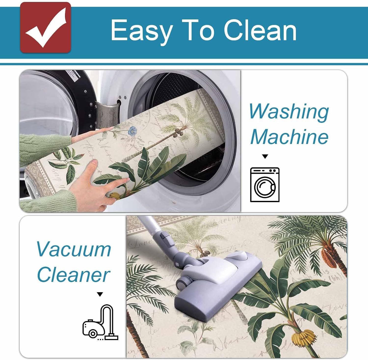 Prime Leader Green Palms Kitchen Mat Set 2 Pieces Summer Boho Tree Rainforest Plants Grown Border Non Slip Kitchen Rugs Washable Runner Rug Mats for Sink Laundry (19.7" x 31.5"+19.7" x 47.2")