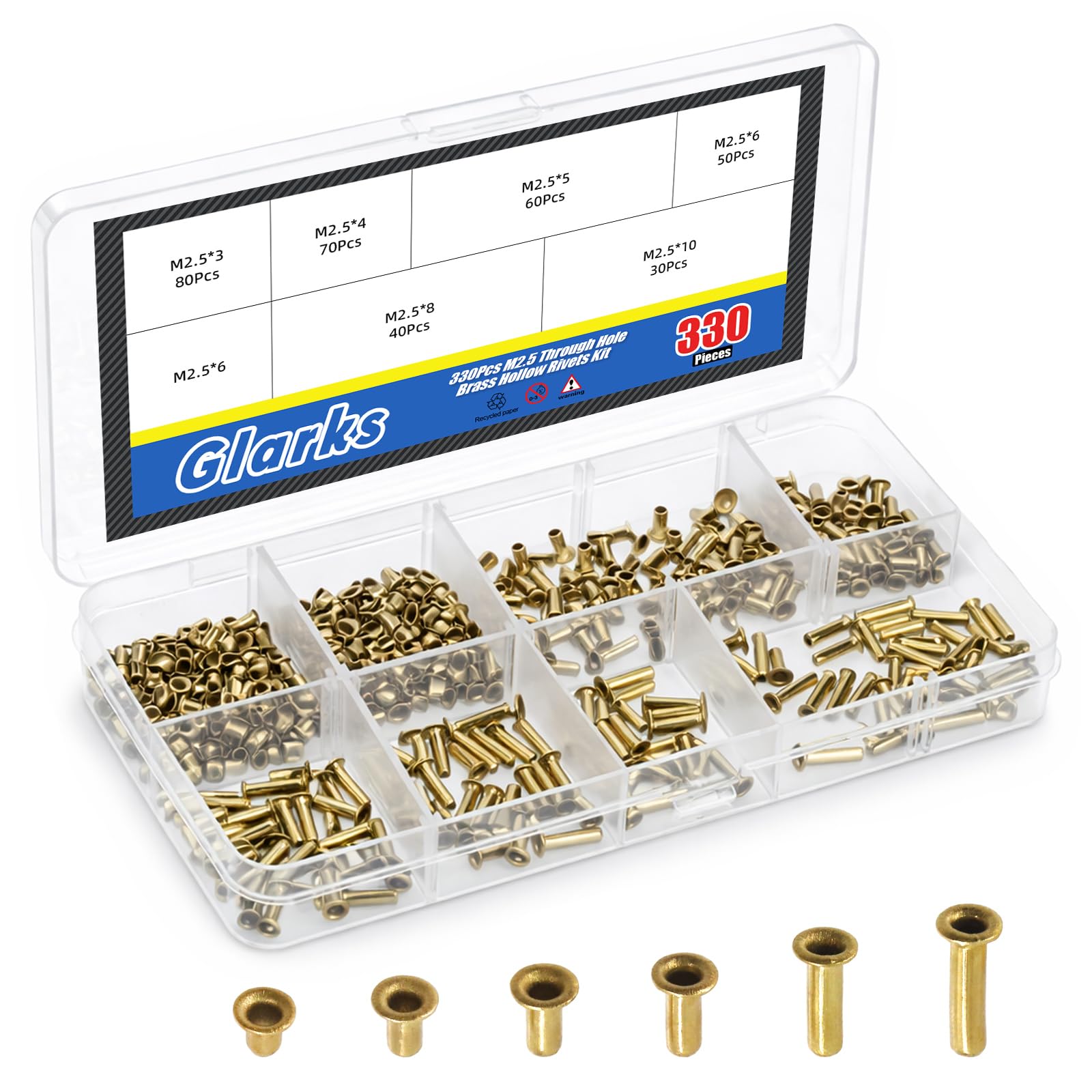 Glarks 330pcs M2.5 x 3/4/5/6/8/10mm Through Hole Copper Rivet Kit, Heavy Duty Hollow Rivet, Copper Air Eye Rivets, Brass Eyelets Rivets, Hollow Grommets Rivets for DIY Crafts, Leather, Clothes