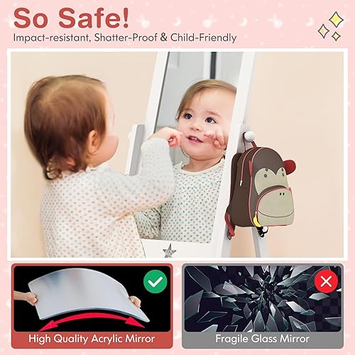 Miniatura 5 de HONEY JOY Espejo blanco de longitud completa para niños, espejo de tocador independiente de princesa con estante inferior y caja de almacenamiento,
