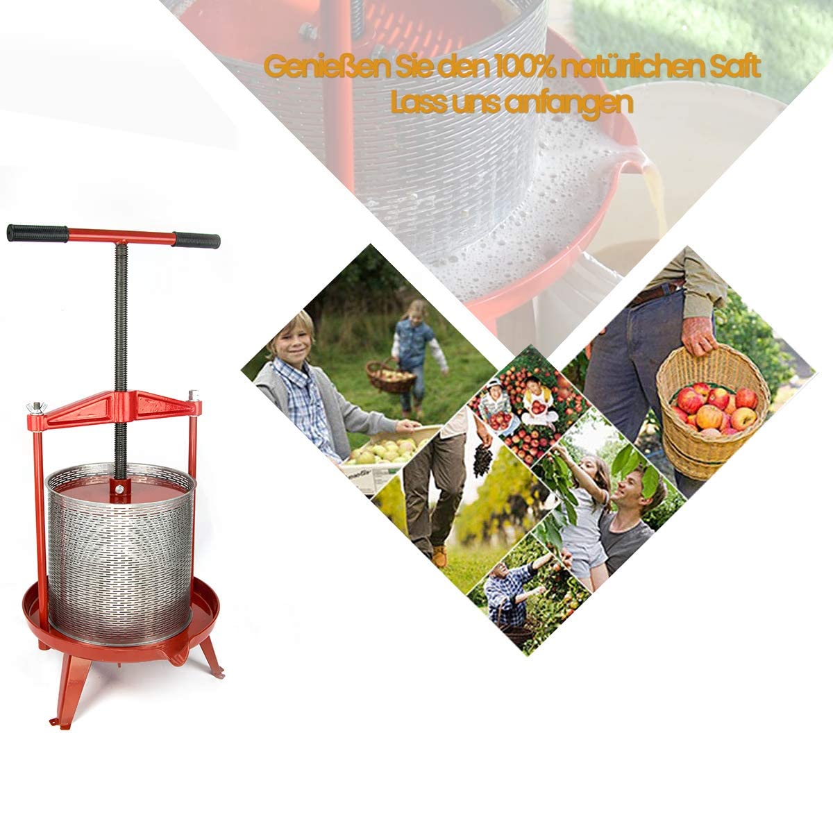 9L Spindel Obstpresse Apfelpresse Fruchtpresse aus Edelstahl mit T-Griff für Selbst Gemachten Natürlichen Saft, Traube, Beere, Apfel, Fruchtpresse Weinpresse