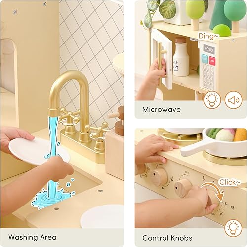 Miniatura 4 de OOOK Juego de cocina de madera con sistema de almacenamiento, cocina para niños con muchas características de juego, juego de cocina para niños