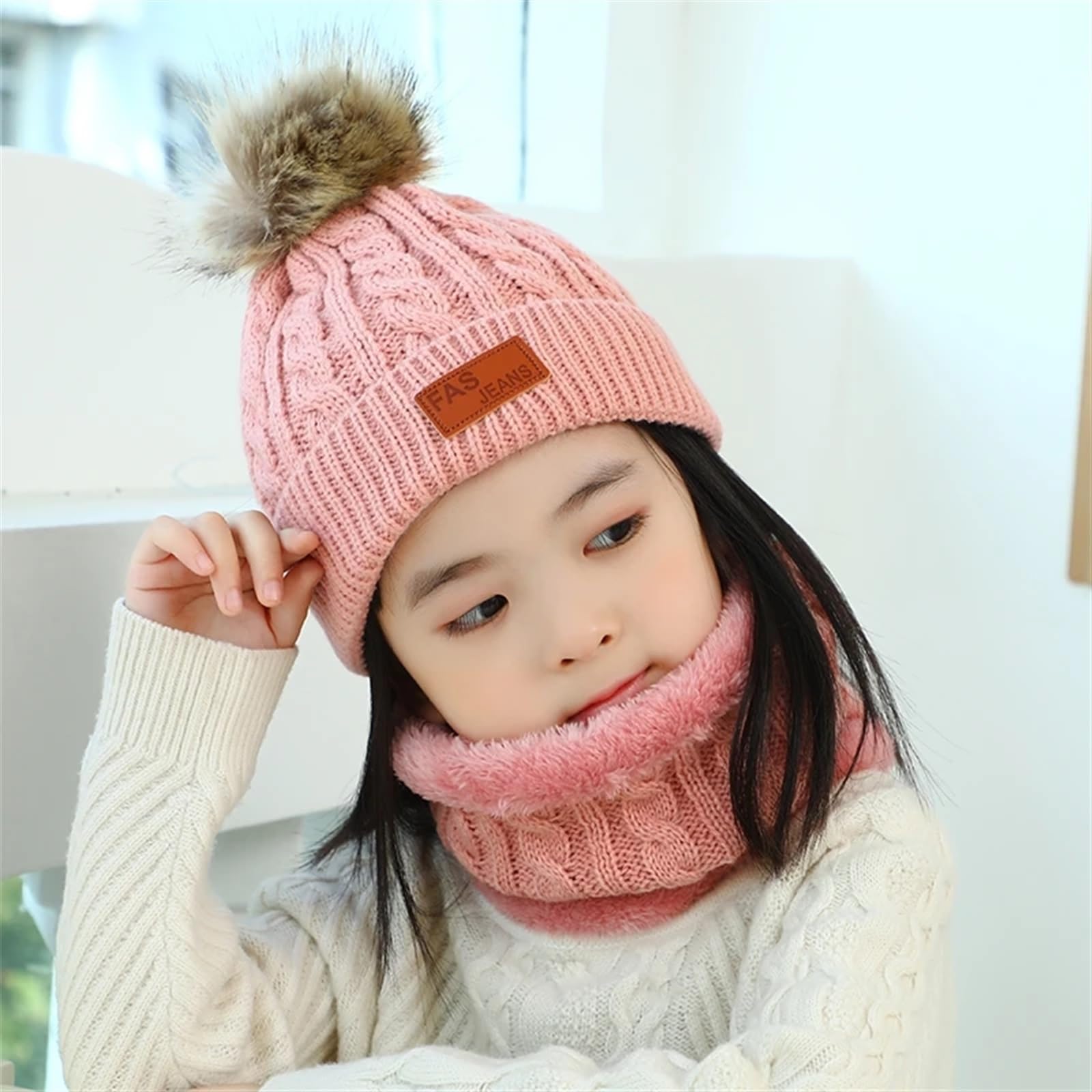 Conjunto de 3 uds. De Gorro de Invierno for bebé, Gorro con pompón for niño, Gorro Tejido Bonito y cálido, Bufanda, Guantes, Traje for niña y niño, Gorro Infantil Informal(Pink Suit)