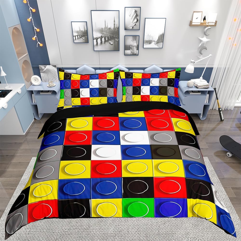 richhome Kids Toys Duvet Cover King Size Kids Building Blocks Bedding Set for Boys Teens Games Breathable Colorful Comforter Cover Set Room Decor